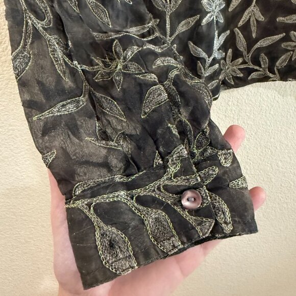 Chico's Design size 2 silk embroidery gold and black sheer button down - Picture 6 of 6